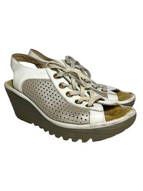 FLY LONDON | White and Taupe Wedge Sandals with Lace-Up Front US Size 7/7.5